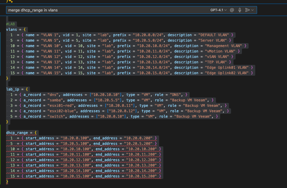 Dedicded to combine the variables vlans and dhcp_range 
